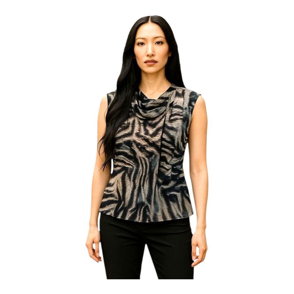 Alfani Shimmer Sparkle Zebra Print Draped Front Sleeveless Party Blouse M Tank